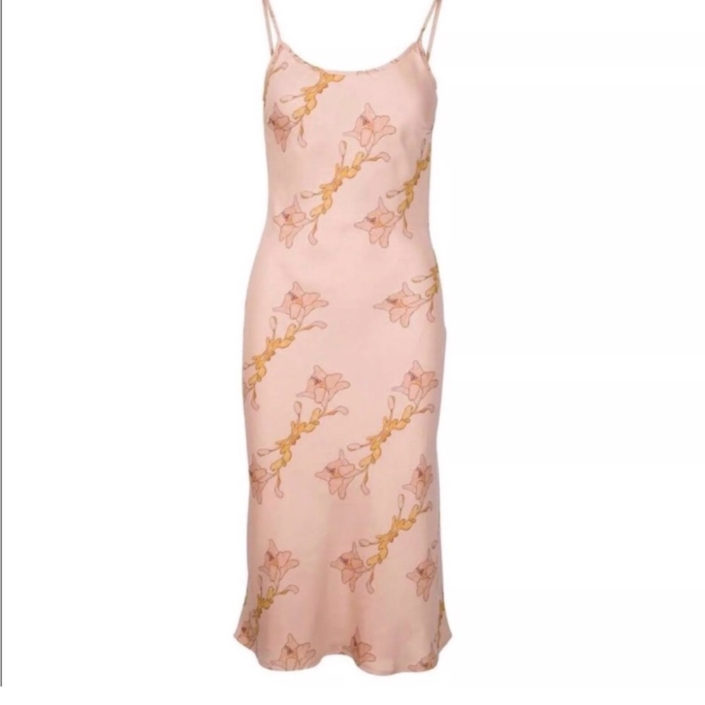 Cali Dreaming Lily Bee Satin Floral Slip Dress Pink Gold Accents | Size 3